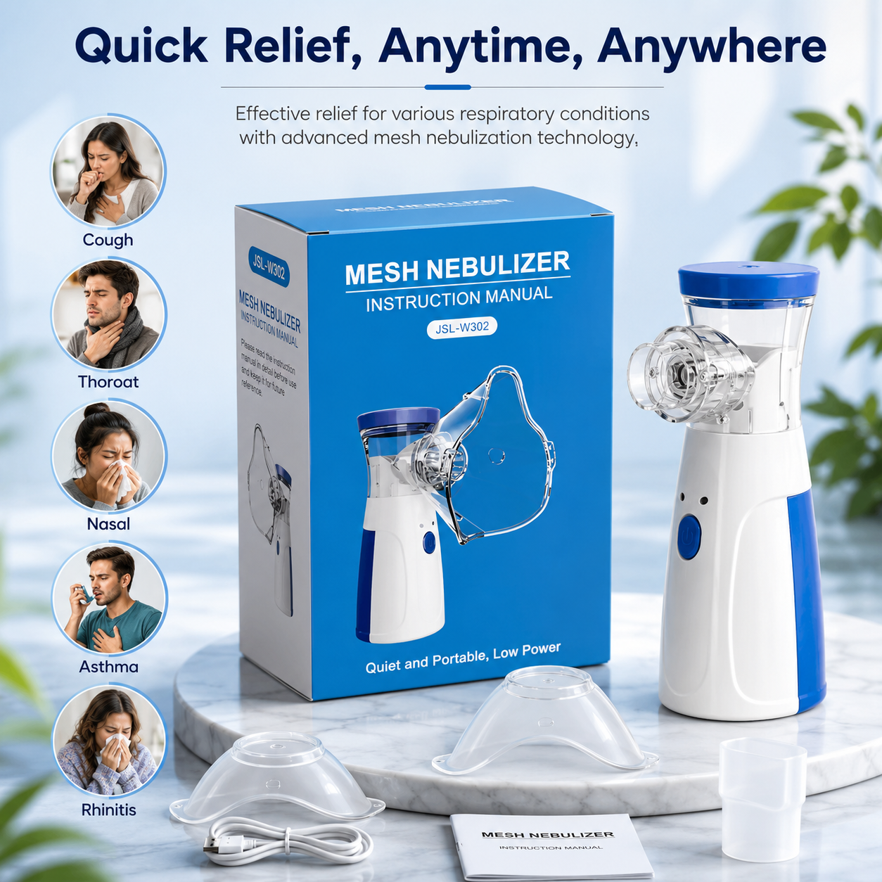 Portable Mesh Nebulizer (Silent, One-Touch Operation) |  Ultrasonic Nebulizer for Adults & Kids